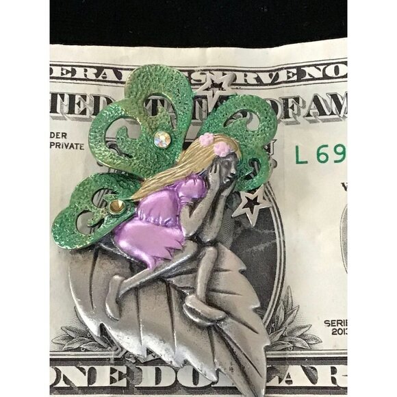 Vintage DD Pewter and Enamel Fairy Brooch With Aurora Borealis Rhinestones - Picture 7 of 7